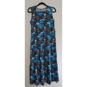 Easy Essentials Womens Blue Floral Cotton Sleeveless Tiered Maxi Dress Medium
